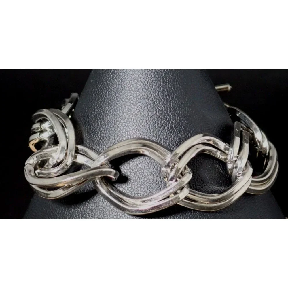 Double Chain Link Silver Tone Bangle Bracelet Toggle Clasp 7.5